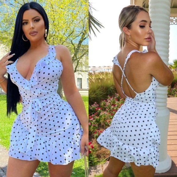 Dresses & Skirts - White Polka Dot V-Neck Sleeveless Backless Open Back Ruffle Mini Dress